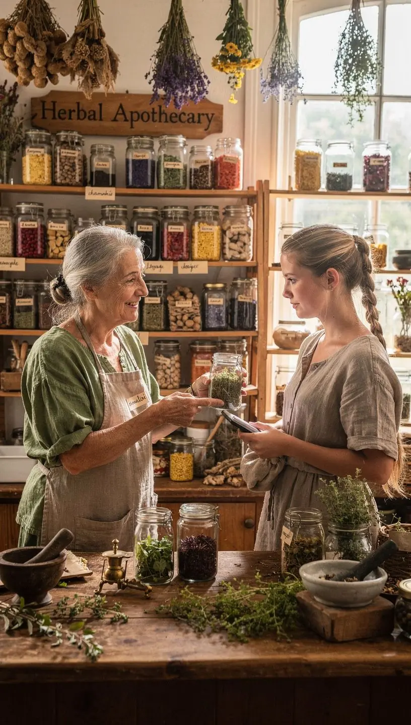 Δοχεία με αποξηραμένα βότανα και μπαχαρικά σε παραδοσιακό στυλ.